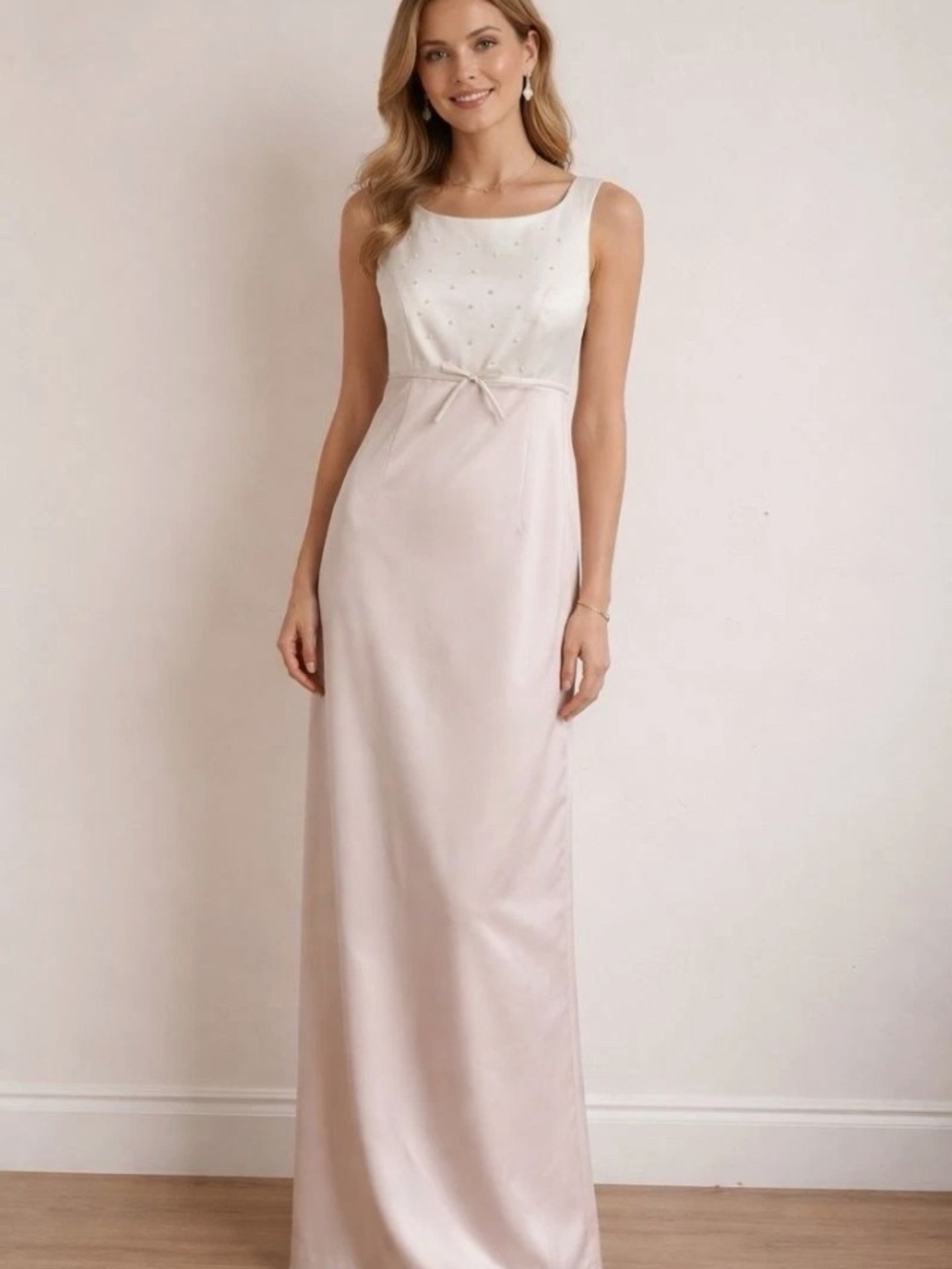 Oleg Cassini Size 6 Vintage Cream and Ivory Satin A-Line Gown with Beaded Bodice